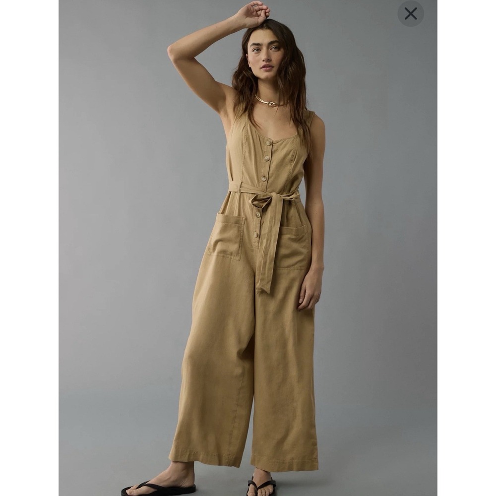 American Eagle Linen Blend Jumpsuit XL Tan Tie Waist Pockets Cropped Buttons NWT